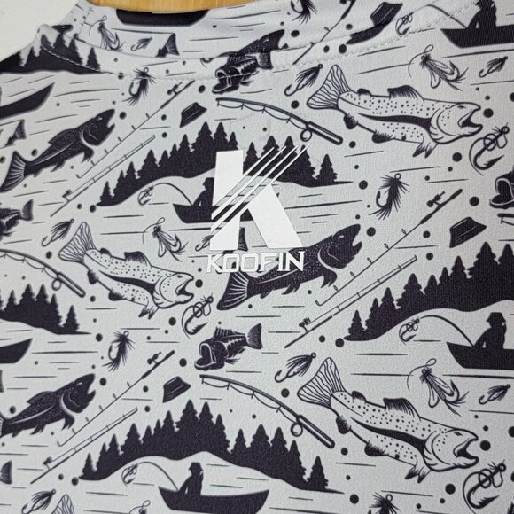 Koofin Large Navy Blue / White Fish Pattern Long Sleeve Men's Fishing T-Shirt - Picture 4 of 5